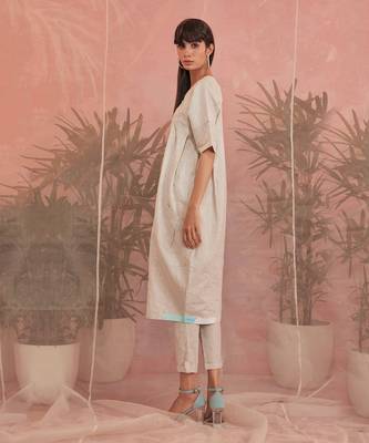 White Linen Raglan Slant Placket Tunic With Pant  6