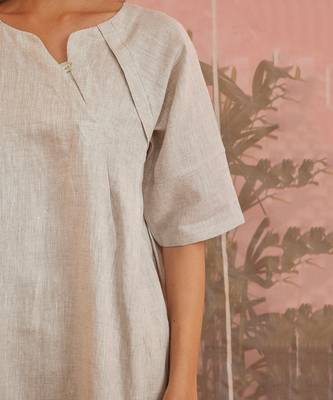 White Linen Raglan Slant Placket Tunic With Pant  7