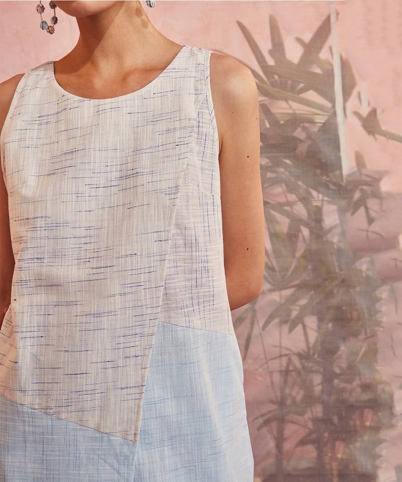 White And Blue Sleeveless Front Overlapping Kurta With Pant