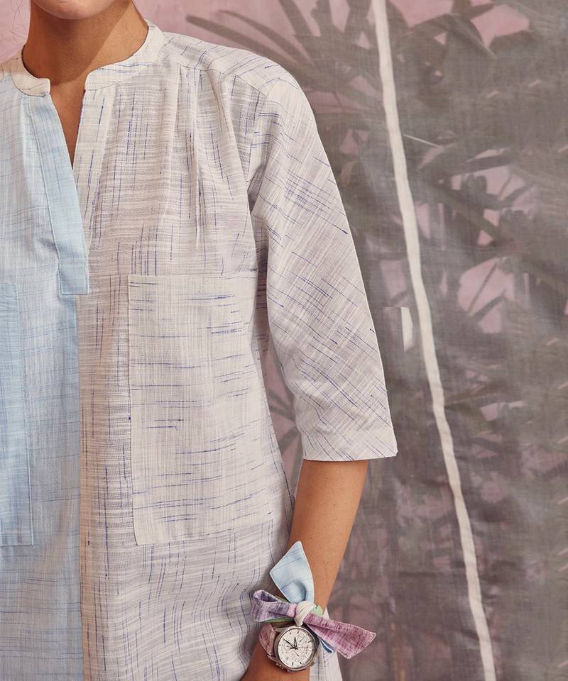 Blue And White Front Big Pockets Contrast Panel Kurta With Pant