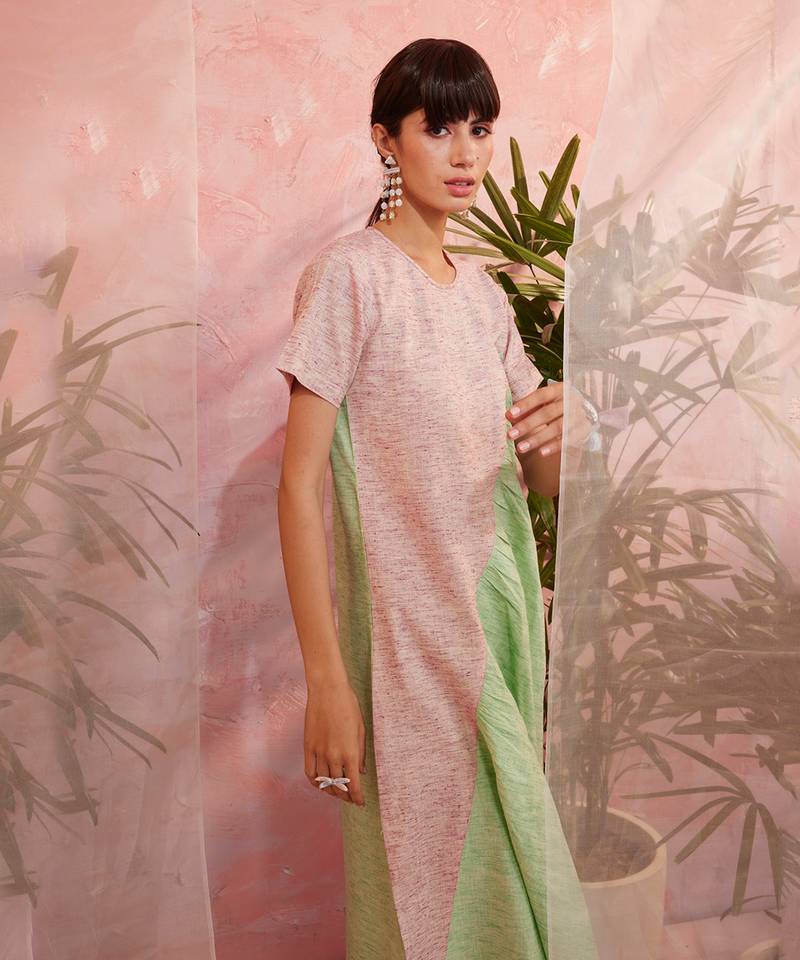 Green And Pink Front Diagonal Gather Kurta With Pant 