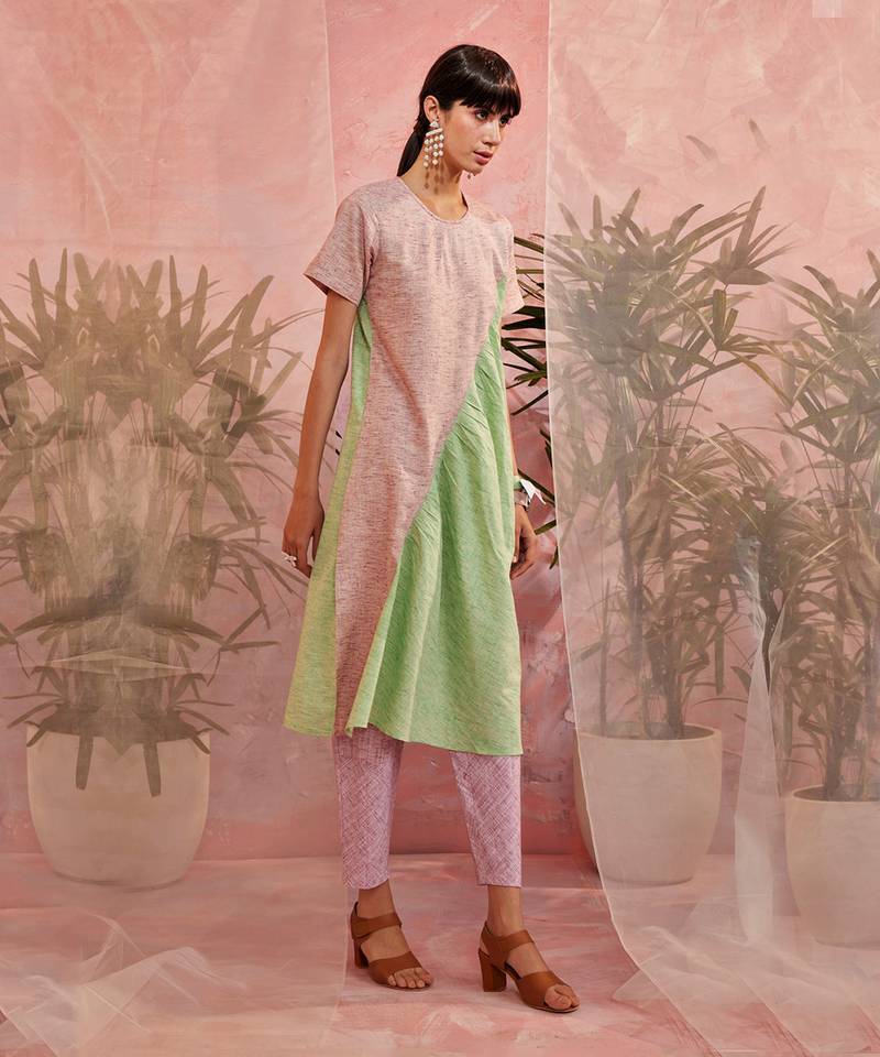 Green And Pink Front Diagonal Gather Kurta With Pant 