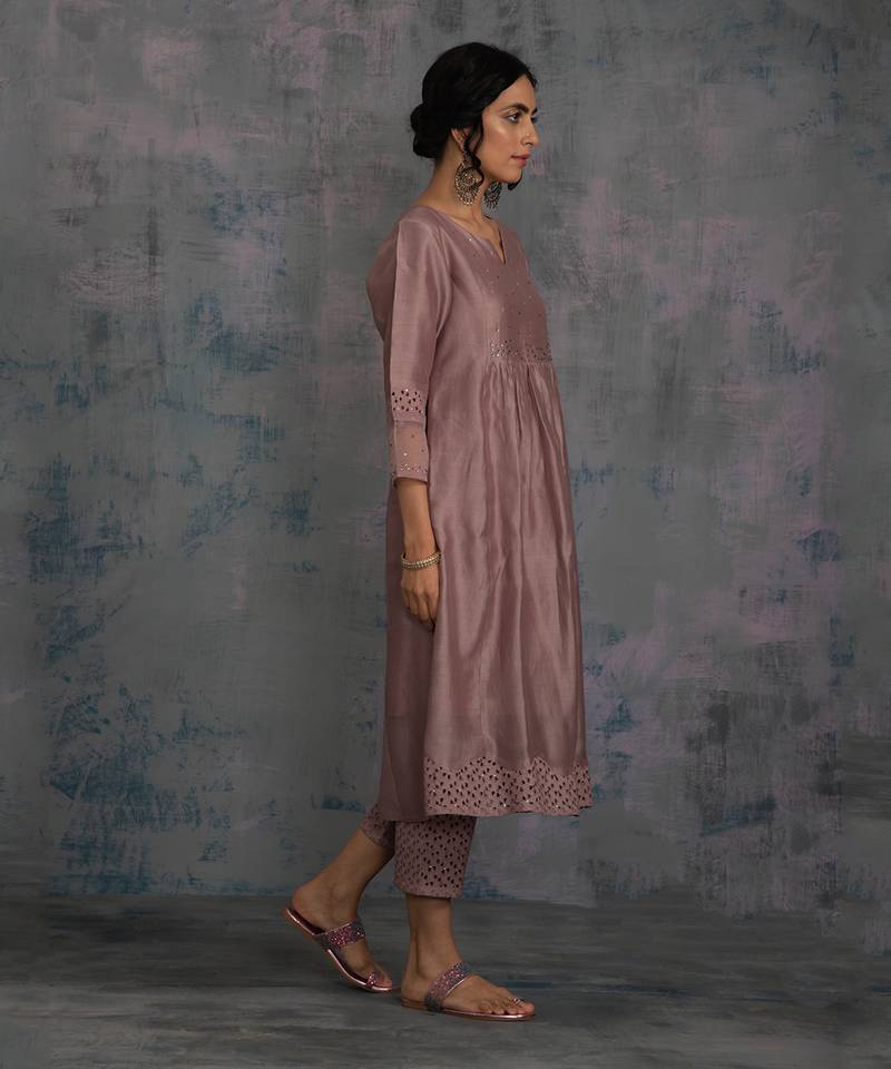 Berry Mauve Front Gathered Kurta With Pant & Dupatta