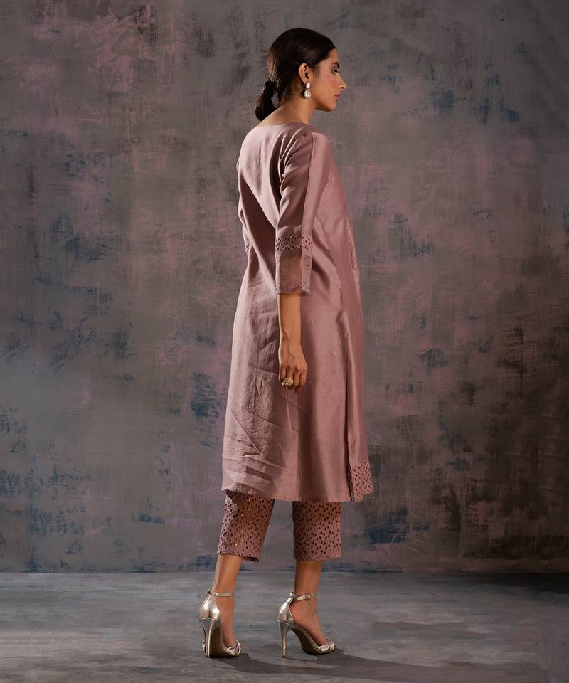 Berry Mauve Front Gathered Kurta With Pant & Dupatta