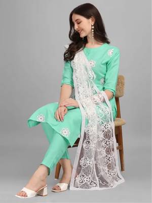 Sea Green Cotton Slub Women's Embroidered Kurta & Pant Set With Dupatta 1