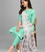 Sea Green Cotton Slub Women's Embroidered Kurta & Pant Set With Dupatta
