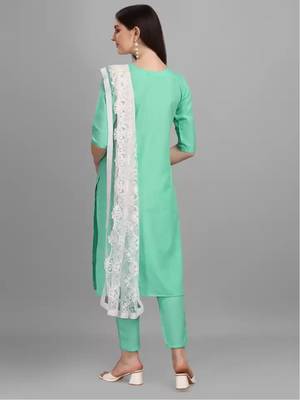 Sea Green Cotton Slub Women's Embroidered Kurta & Pant Set With Dupatta 2