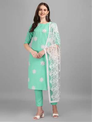 Sea Green Cotton Slub Women's Embroidered Kurta & Pant Set With Dupatta 3