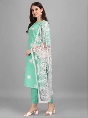Sea Green Cotton Slub Women's Embroidered Kurta & Pant Set With Dupatta 4