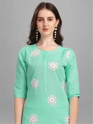 Sea Green Cotton Slub Women's Embroidered Kurta & Pant Set With Dupatta 6