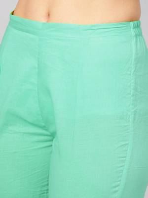 Sea Green Cotton Slub Women's Embroidered Kurta & Pant Set With Dupatta 8