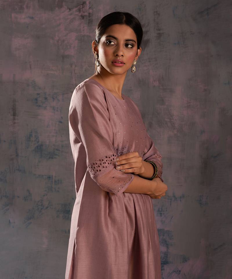 Berry Mauve Front Gathered Kurta With Pant & Dupatta