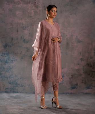 Berry Mauve Front Gathered Kurta With Pant & Dupatta 6