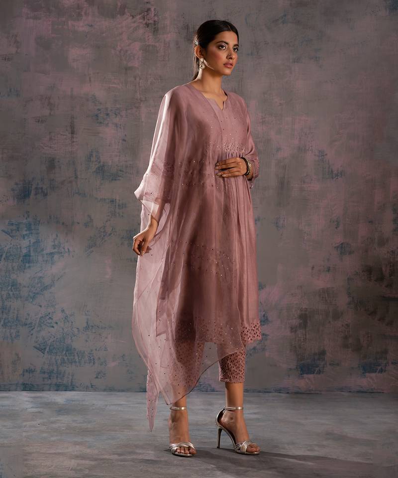 Berry Mauve Front Gathered Kurta With Pant & Dupatta