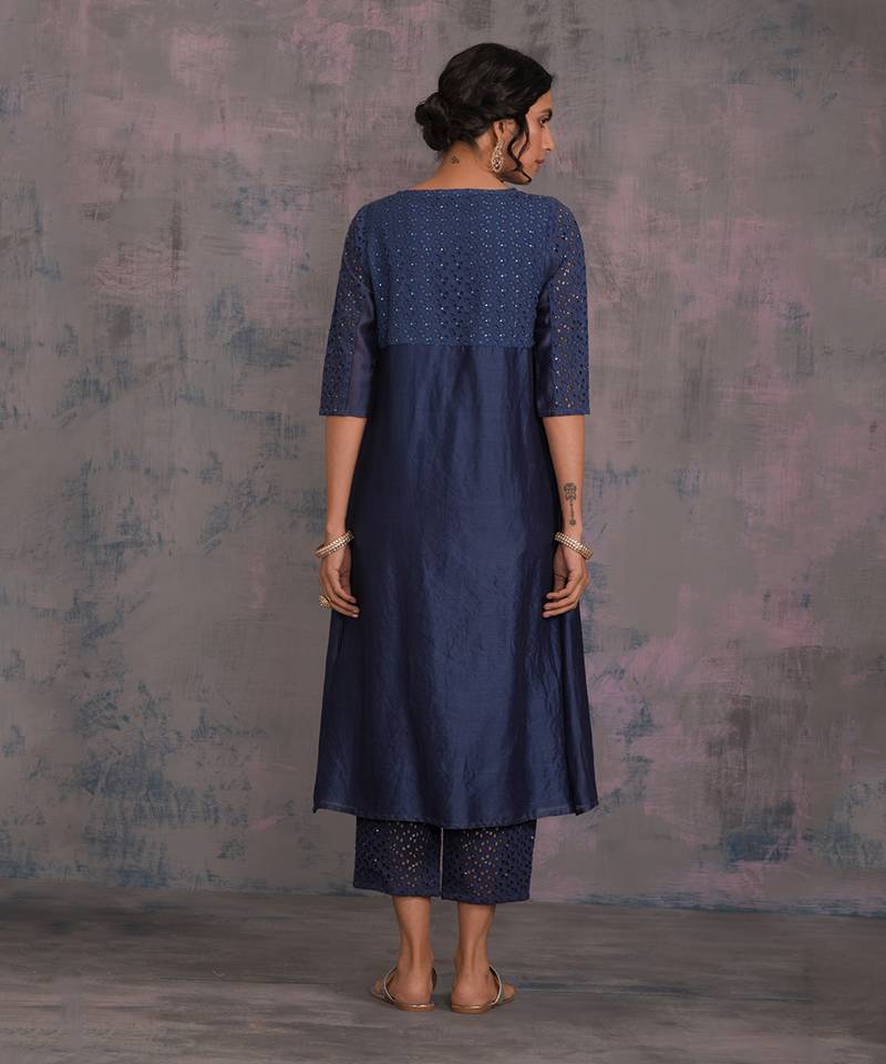 Midnight Blue Round Yoke Kurta With Pant & Midnight Blue Dupatta 