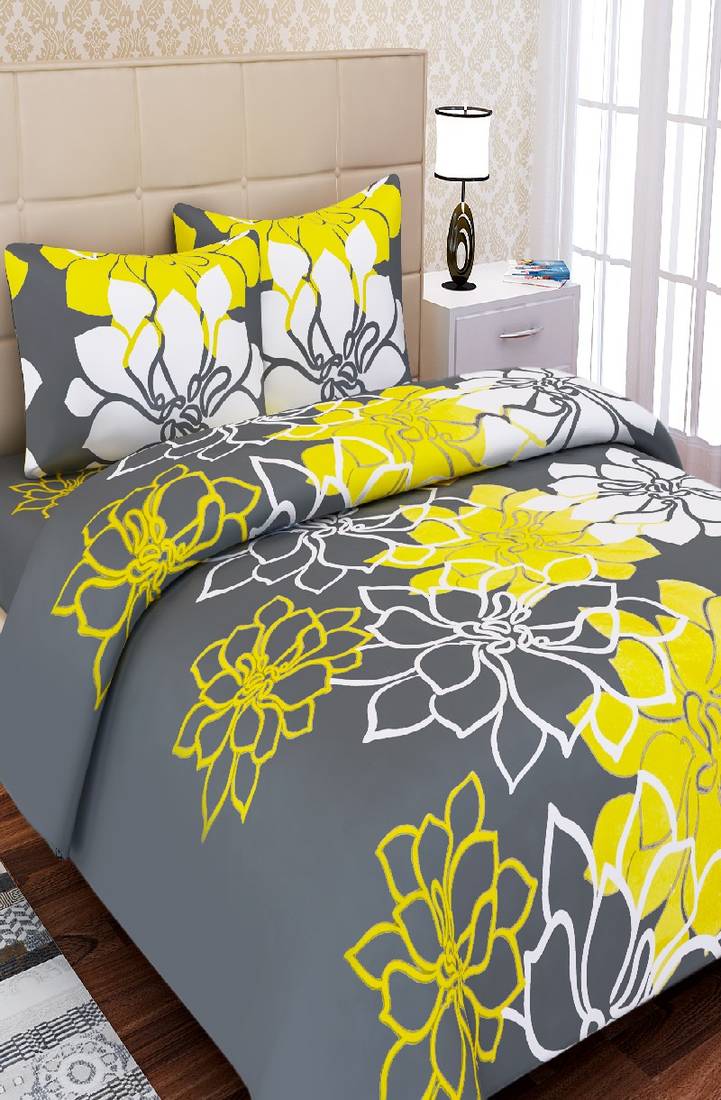 SEJ by Nisha Gupta Floral Grey Cotton Double Bedsheet Set SEJ by