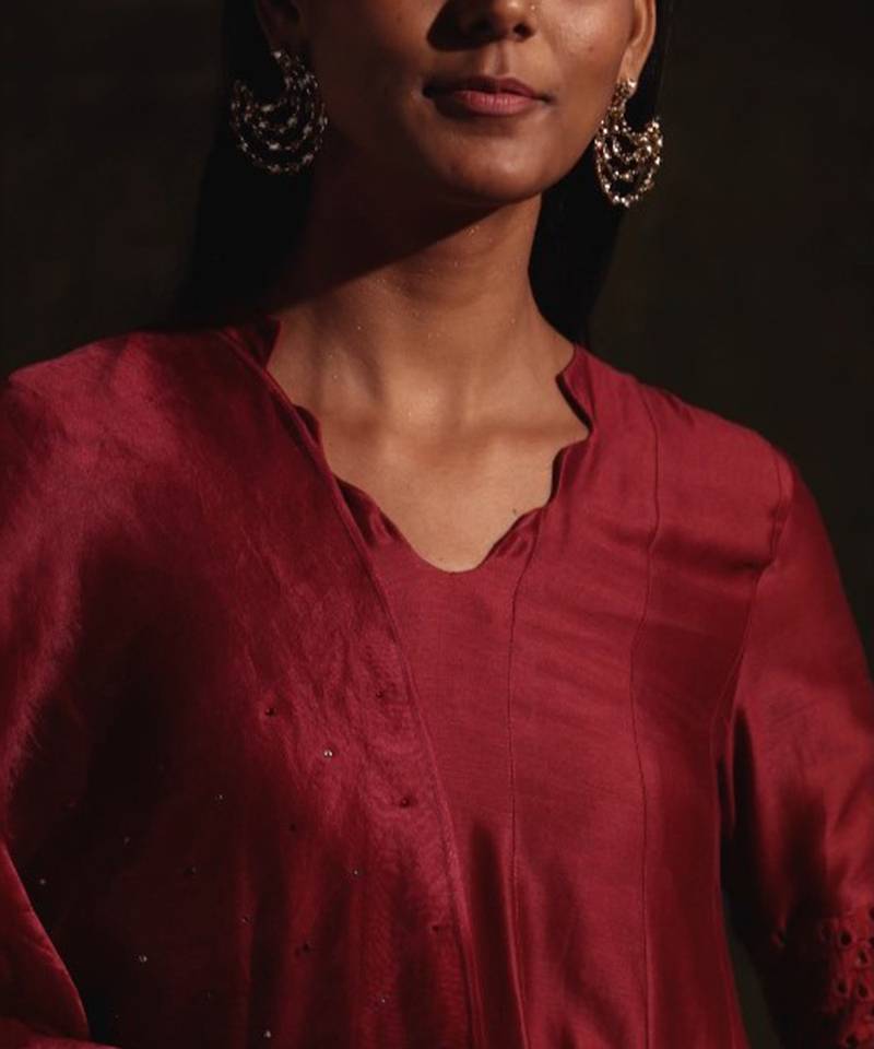 Rust Flared Anarkali With Pant & Dupatta