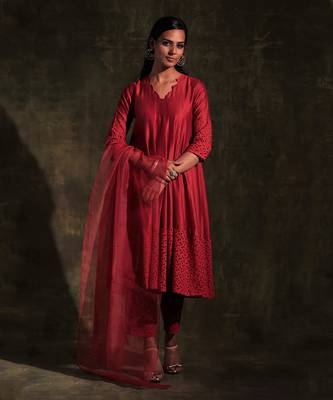 Scarlet Red Flared Anarkali with Pants & Dupatta 1