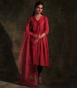 Scarlet Red Flared Anarkali with Pants & Dupatta