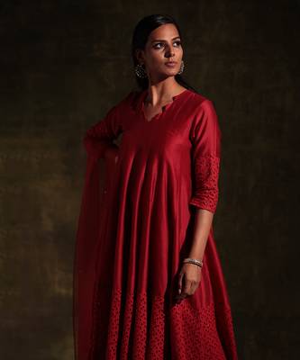 Scarlet Red Flared Anarkali with Pants & Dupatta 4