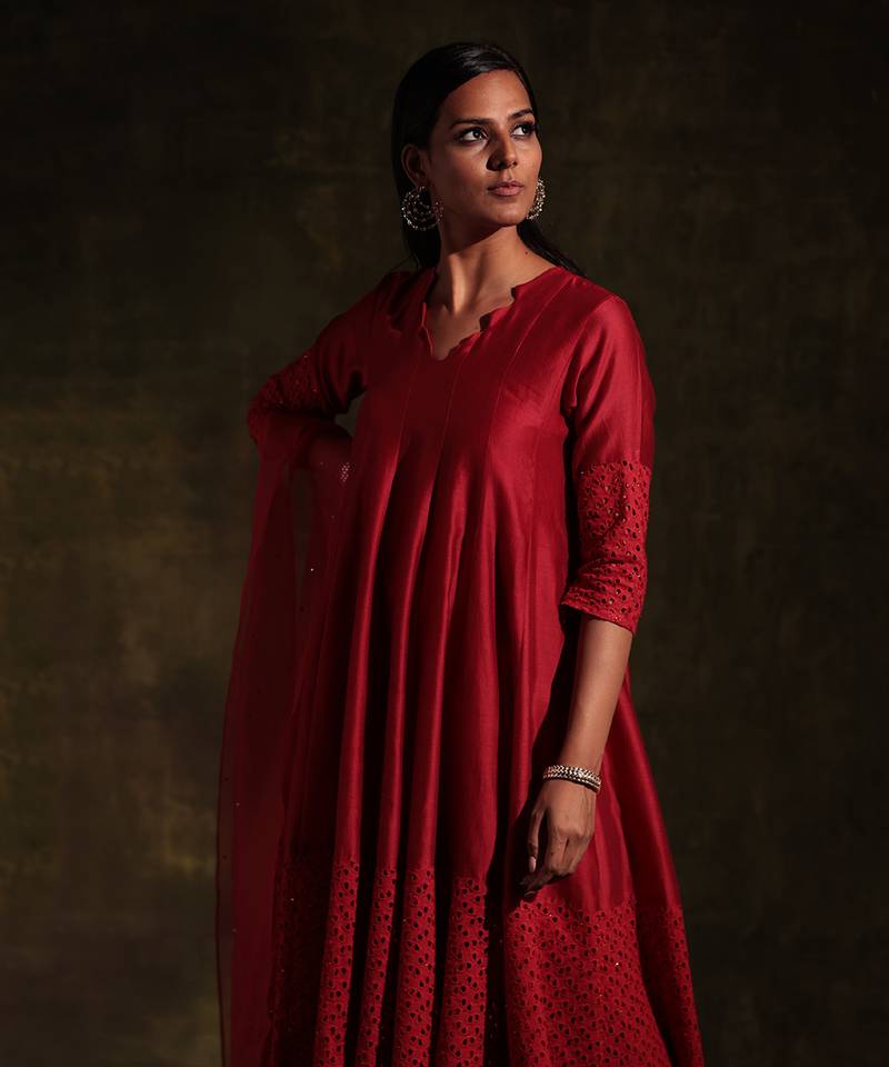 Scarlet Red Flared Anarkali with Pants & Dupatta