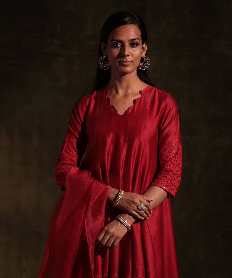 Scarlet Red Flared Anarkali with Pants & Dupatta