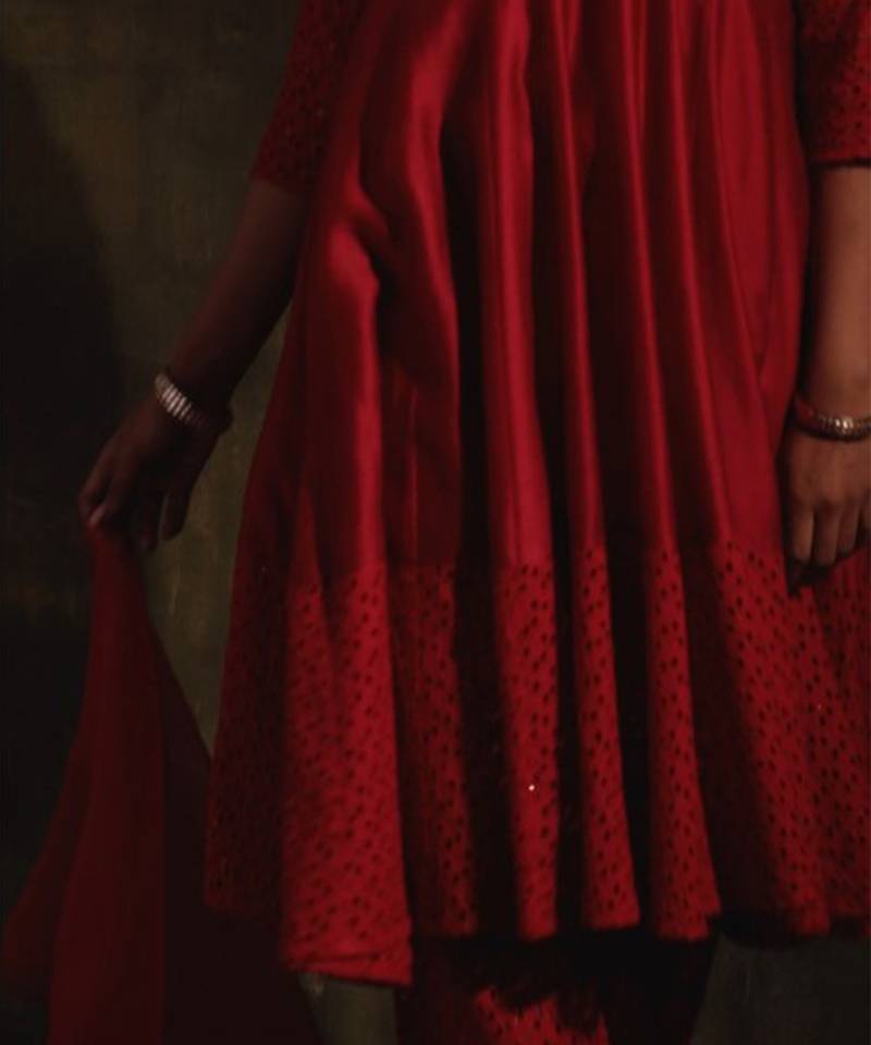 Scarlet Red Flared Anarkali with Pants & Dupatta