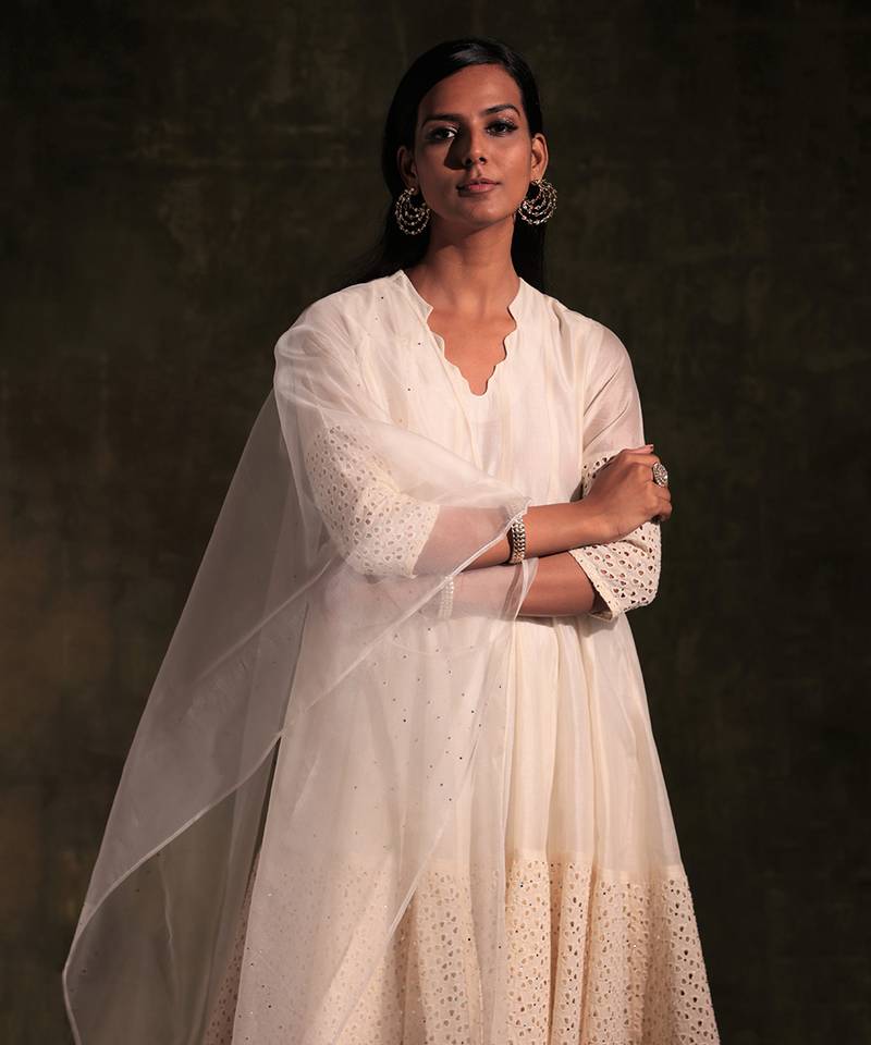 Pearl White Flared Anarkali With Pant & Dupatta