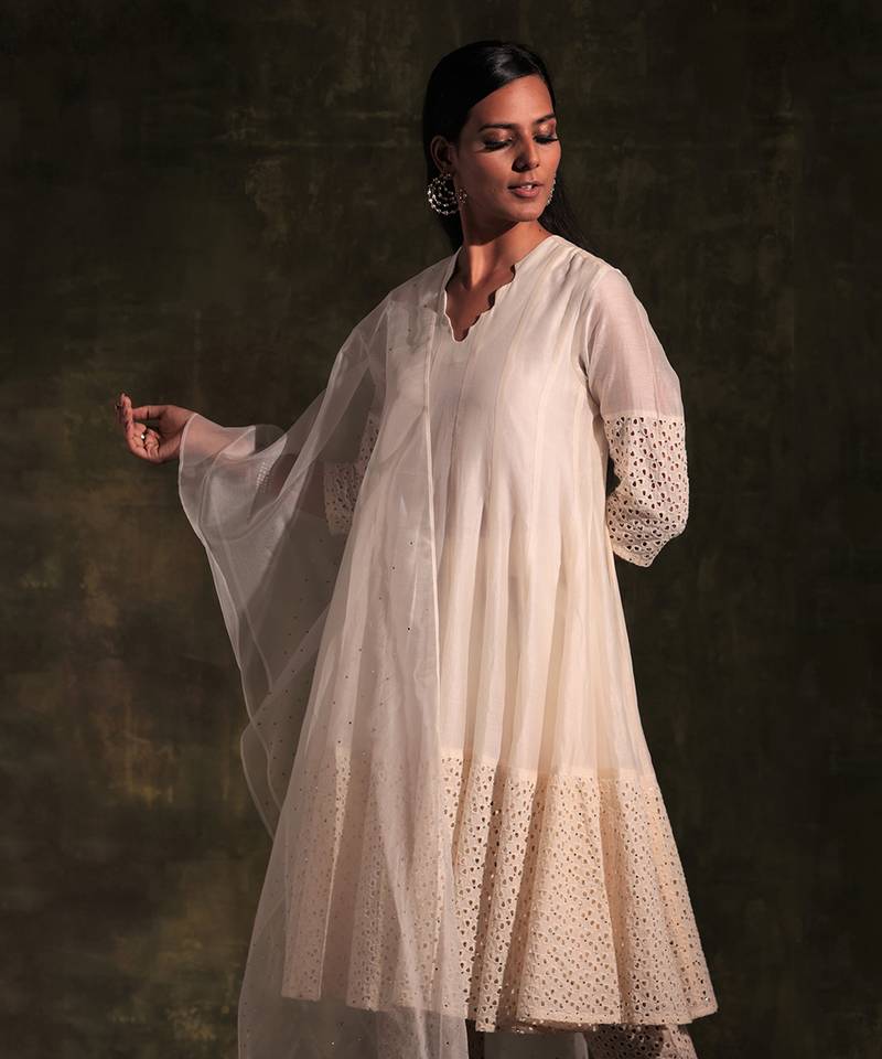 Pearl White Flared Anarkali With Pant & Dupatta