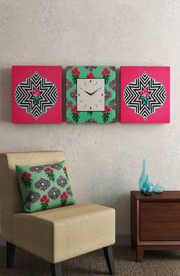 SEJ by Nisha Gupta Set of 3 ( Framed Analogue Wall clock with coordinated Wall Art ) 1