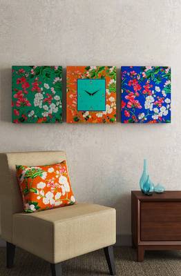 SEJ by Nisha Gupta Set of 3 ( Framed Analogue Wall clock with coordinated Wall Art ) 1
