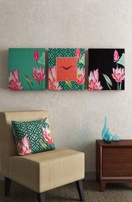 SEJ by Nisha Gupta Set of 3 ( Framed Analogue Wall clock with coordinated Wall Art ) 1
