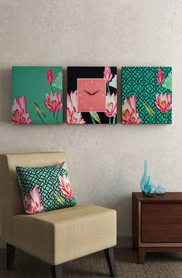 SEJ by Nisha Gupta Set of 3 ( Framed Analogue Wall clock with coordinated Wall Art ) 1