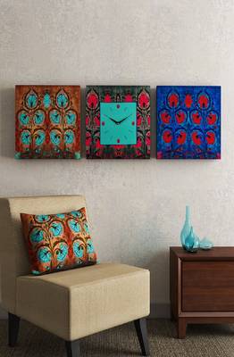 SEJ by Nisha Gupta Set of 3 ( Framed Analogue Wall clock with coordinated Wall Art ) 1