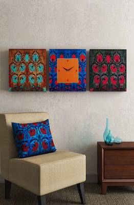 SEJ by Nisha Gupta Set of 3 ( Framed Analogue Wall clock with coordinated Wall Art ) 1