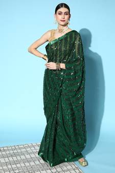 Dark green plain georgette saree with blouse