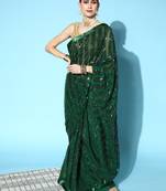 Dark green plain georgette saree with blouse