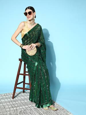 Dark green plain georgette saree with blouse 3