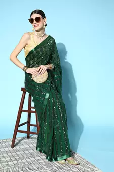 Dark green plain georgette saree with blouse