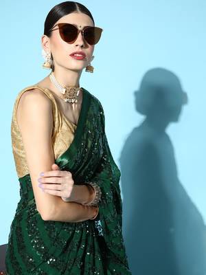 Dark green plain georgette saree with blouse 4