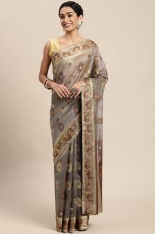 Grey Woven Organza Saree With Blouse