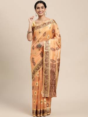 Orange Woven Organza Saree With Blouse 1