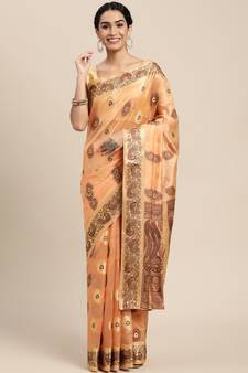 Orange Woven Organza Saree With Blouse