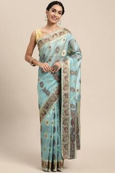 Sky Blue Woven Organza Saree With Blouse