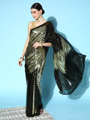 Golden Sequins Georgette Saree With Blouse 1