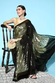 Golden Sequins Georgette Saree With Blouse