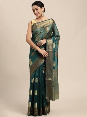 Dark Green Woven Organza Saree With Blouse 1