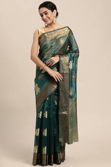 Dark Green Woven Organza Saree With Blouse