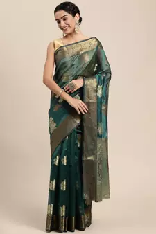 Dark Green Woven Organza Saree With Blouse