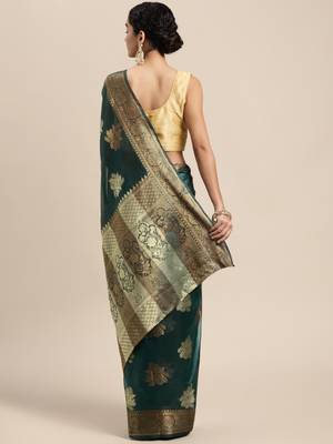 Dark Green Woven Organza Saree With Blouse 2